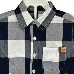 American Hawk Boys 3T Short Sleeve Button‎ Down Shirt Blue White Plaid Casual